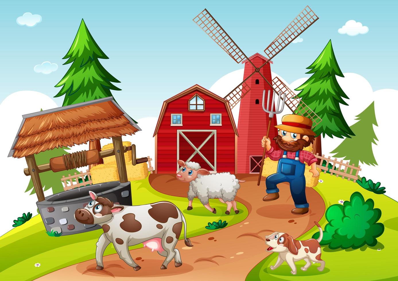 boer met dierenboerderij in boerderijscène in cartoon-stijl vector