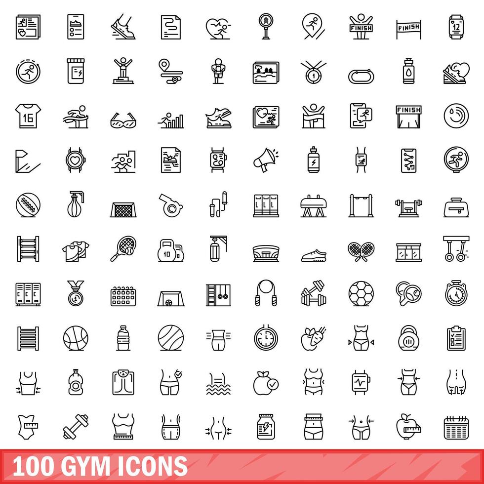100 sportschool iconen set, Kaderstijl vector