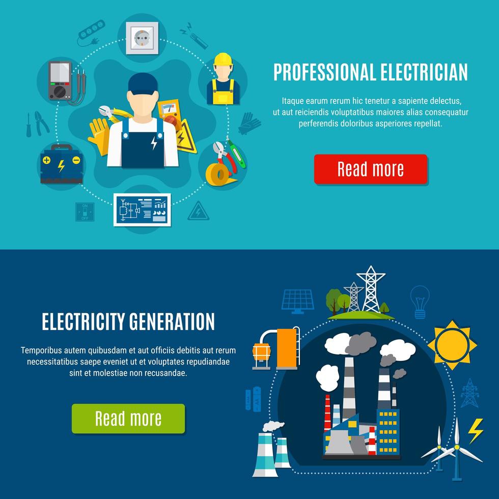 elektricien en elektriciteitsopwekking sjabloon banner set vector