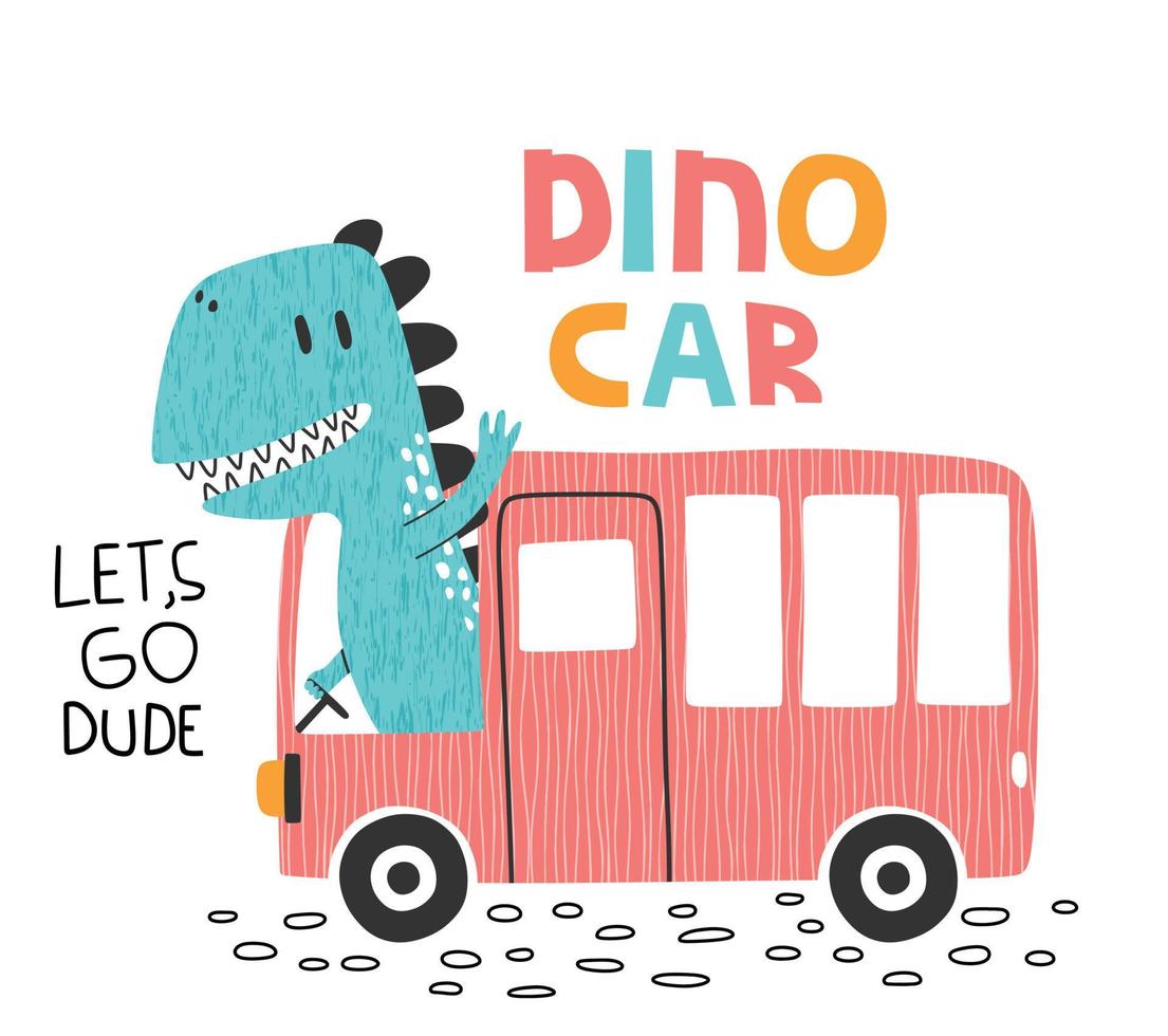 ut dinosaurus met auto. t-shirt grafiek voor kinderen vector illustratie.