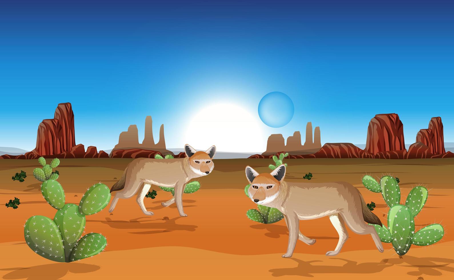 woestijn met rotsbergen en coyote-landschap bij dagscène vector