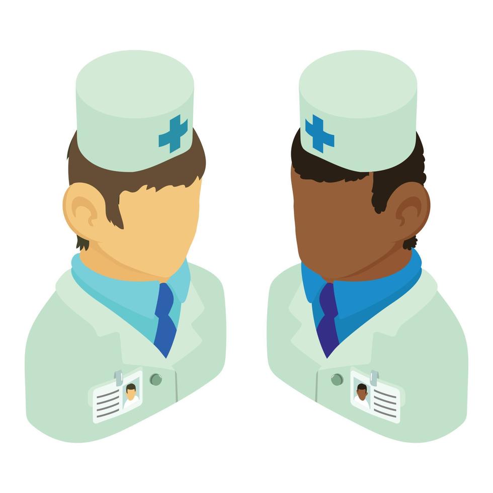 mannetje dokter icoon isometrische vector. twee Mens Gezondheid zorg arbeider in uniform icoon vector