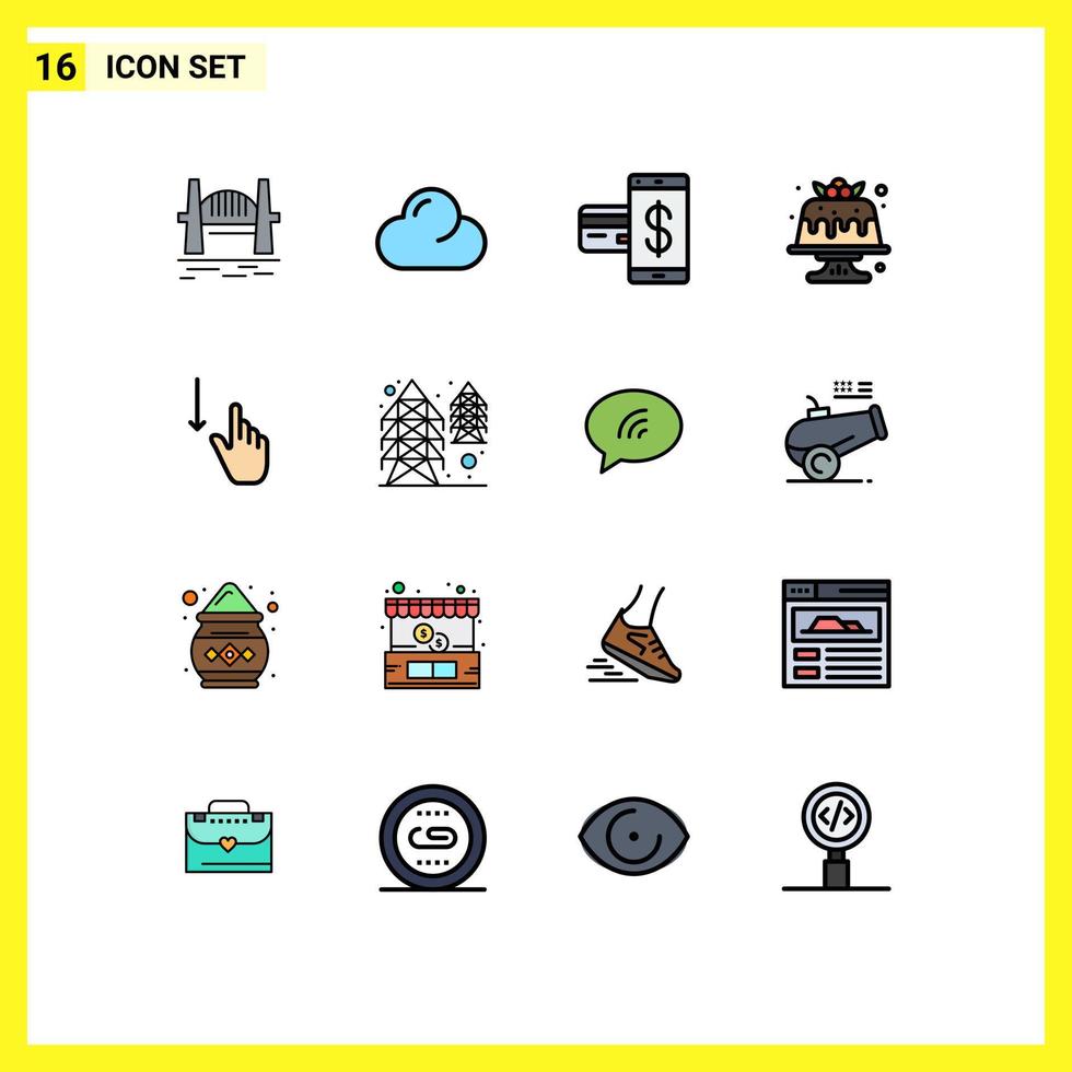 16 vlak kleur gevulde lijn concept voor websites mobiel en apps zoet toetje kaart taart betaling bewerkbare creatief vector ontwerp elementen
