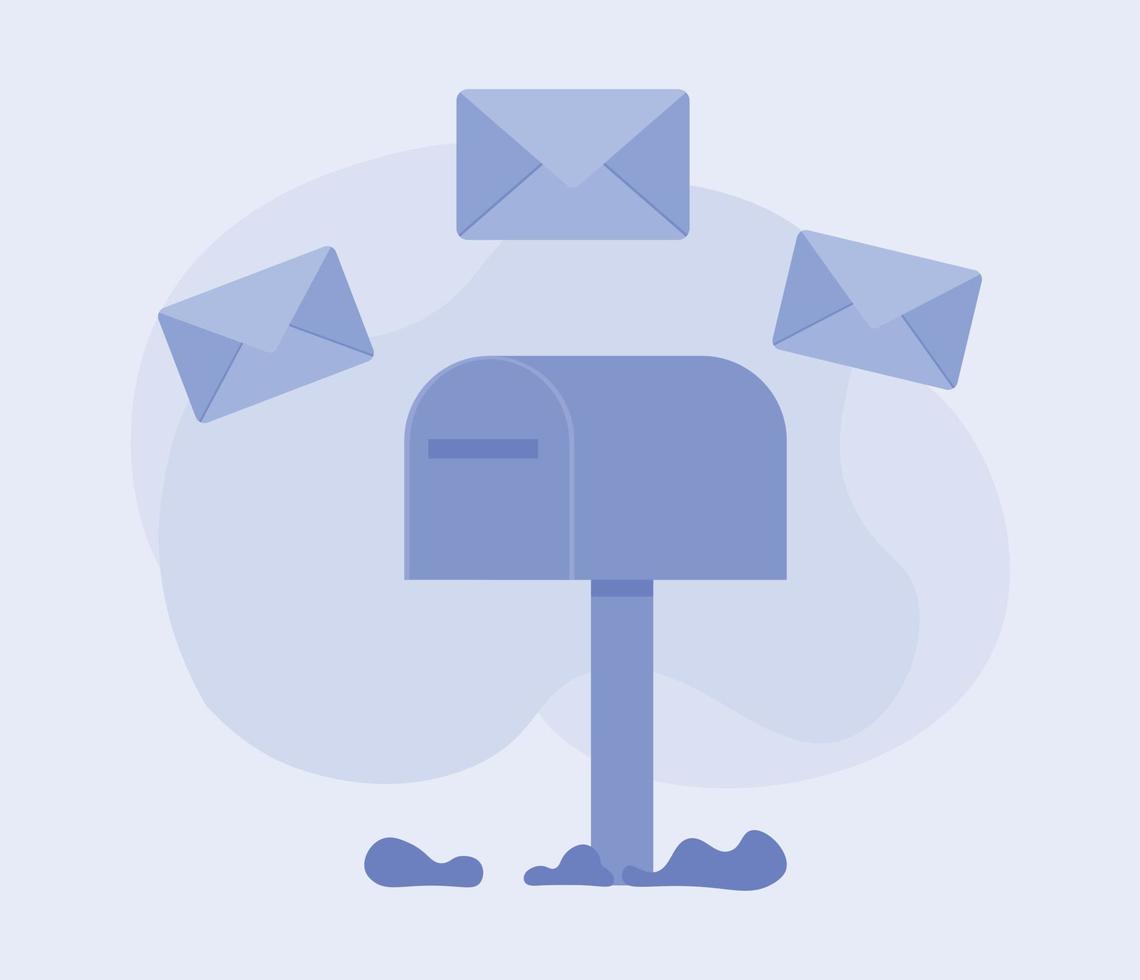 postbus met e-mail envelop. geïsoleerd Aan blauw achtergrond, blauw mail doos tekenfilm icoon. illustratie voor e-mail nieuwsbrieven en de web vector