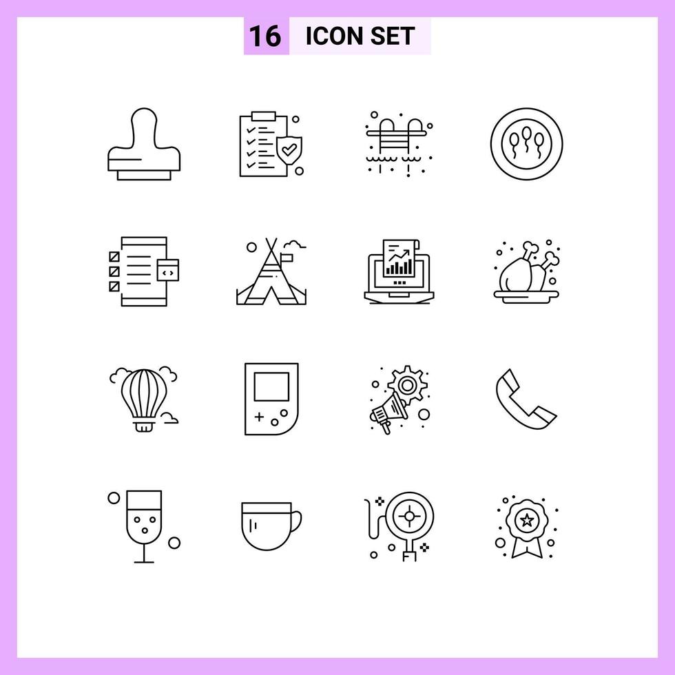 mobiel koppel schets reeks van 16 pictogrammen van tent vrij ontwikkeling zwemmen zwembad ontwikkelen app bewerkbare vector ontwerp elementen