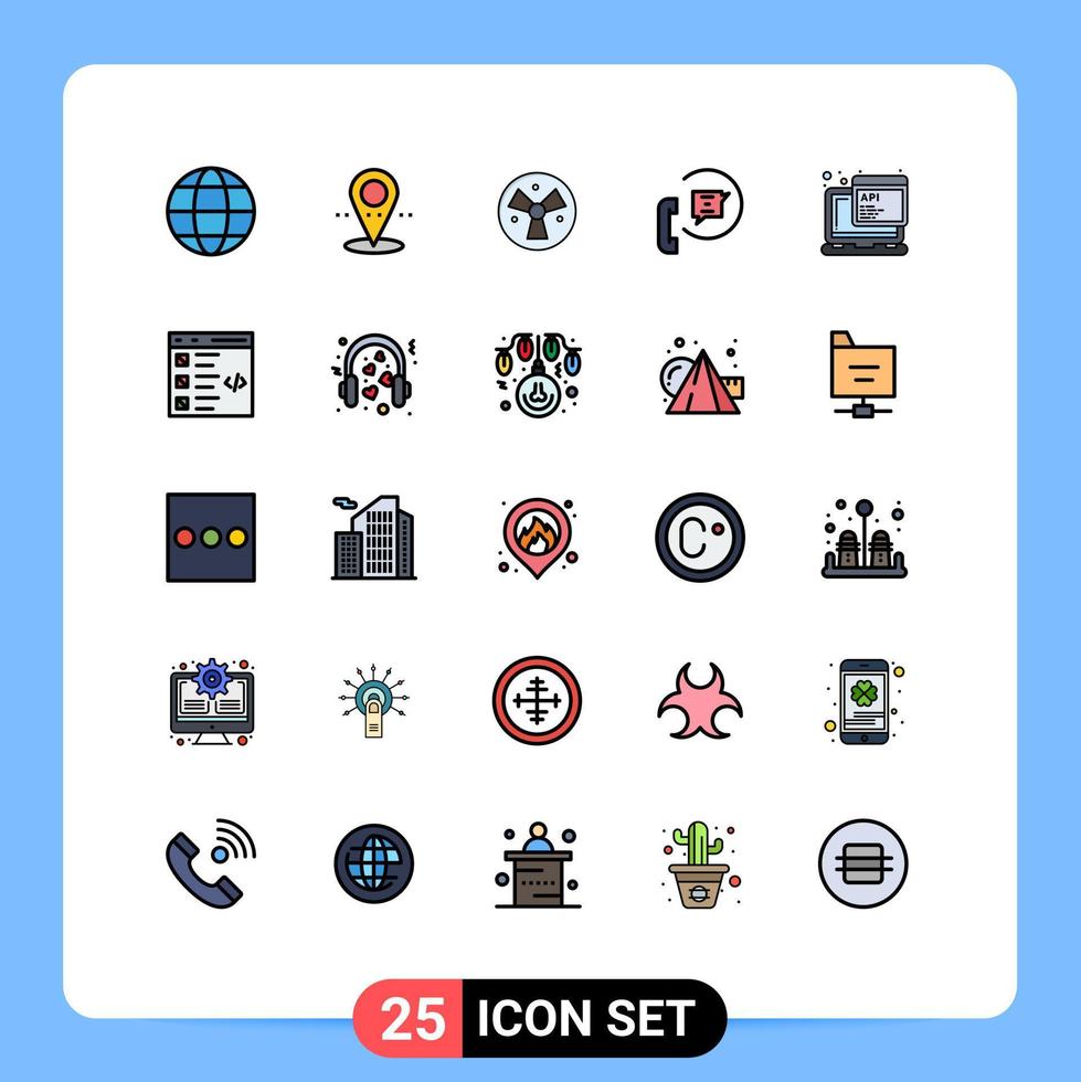 groep van 25 gevulde lijn vlak kleuren tekens en symbolen voor javascript ondersteuning waarschuwend telefoon contact bewerkbare vector ontwerp elementen