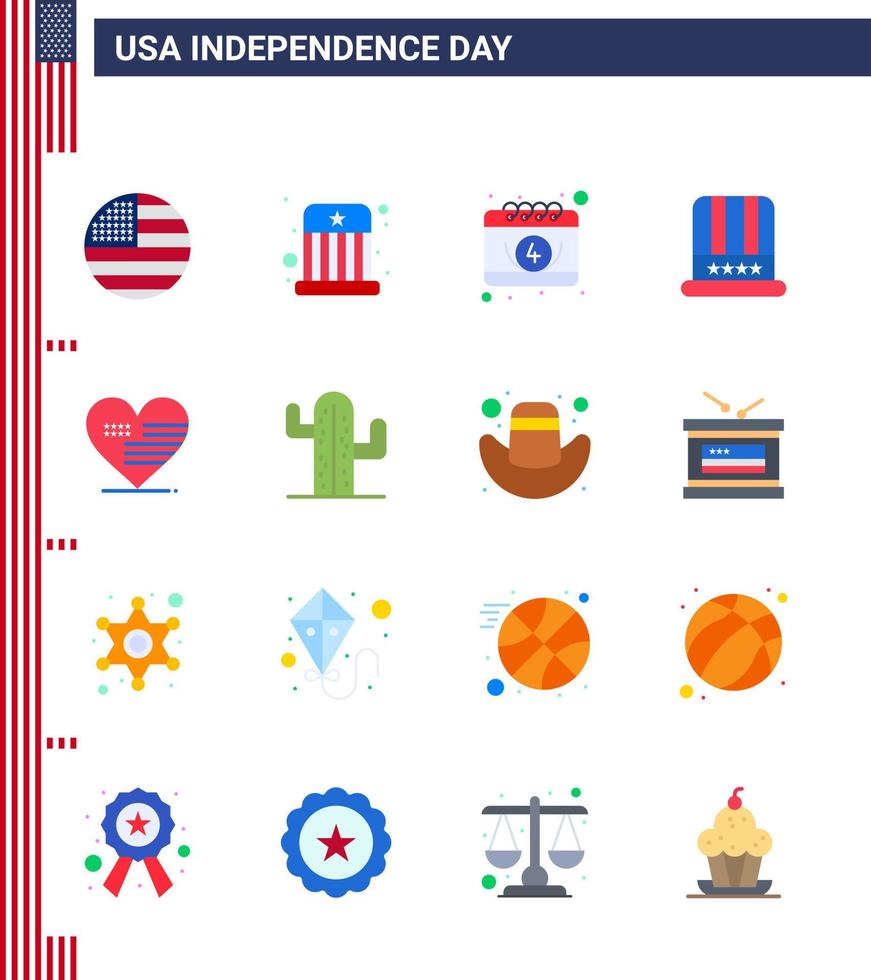 16 vlak tekens voor Verenigde Staten van Amerika onafhankelijkheid dag liefde Verenigde Staten van Amerika Amerikaans Amerikaans hoed bewerkbare Verenigde Staten van Amerika dag vector ontwerp elementen