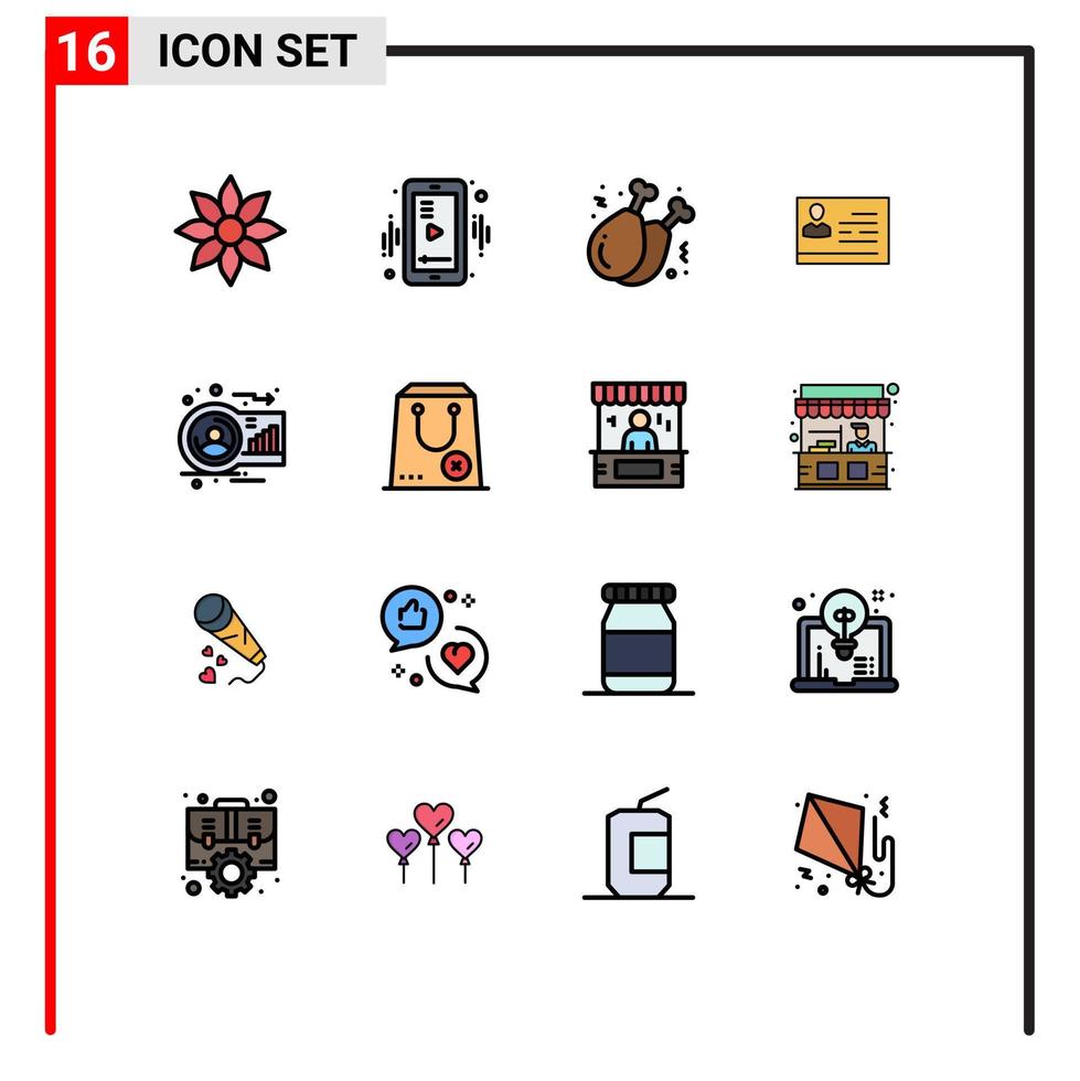 mobiel koppel vlak kleur gevulde lijn reeks van 16 pictogrammen van ID kaart kaart video licentie been bewerkbare creatief vector ontwerp elementen