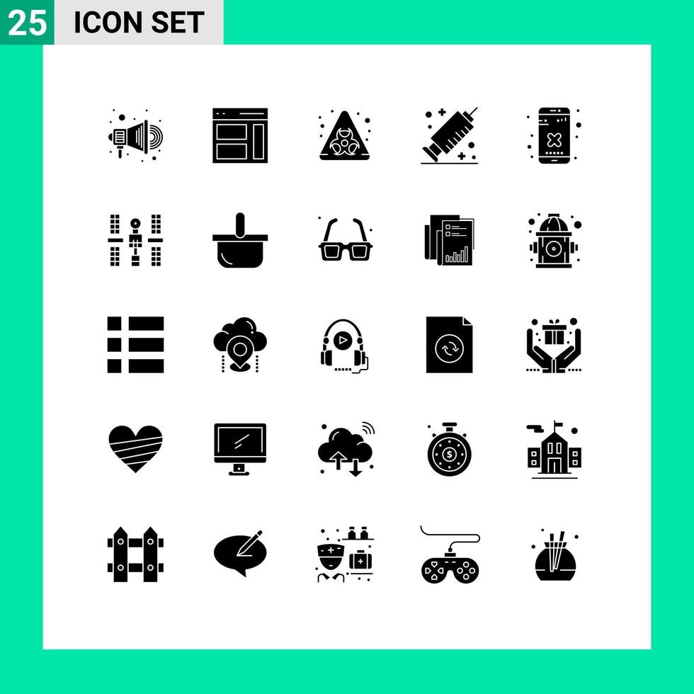 mobiel koppel solide glyph reeks van 25 pictogrammen van app kruis biohazard dichtbij injectiespuit bewerkbare vector ontwerp elementen
