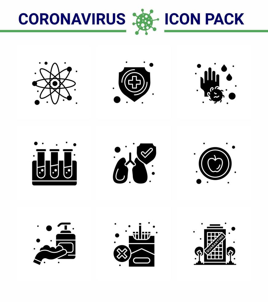 9 solide glyph zwart reeks van corona virus epidemie pictogrammen zo net zo schoon beschermen hand- test buizen bloed virale coronavirus 2019november ziekte vector ontwerp elementen