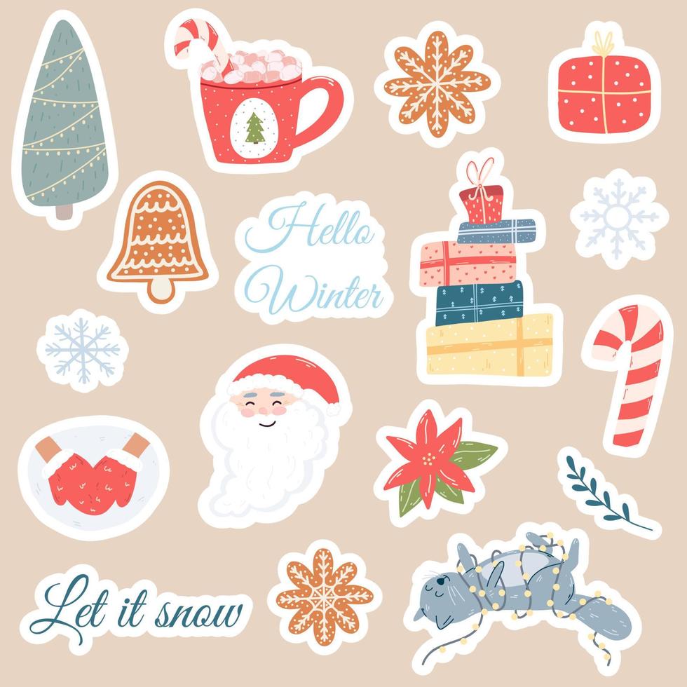 Kerstmis en nieuw jaar stickers in tekenfilm vlak stijl. hand- getrokken schattig karakters, vakantie geschenken, snoepgoed, koekjes, bloemen elementen en belettering vector