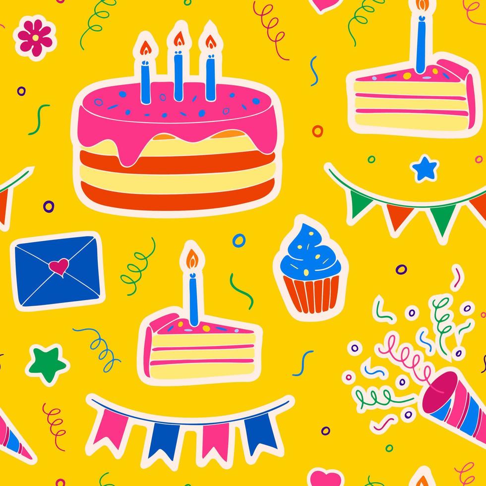 naadloos patroon voor verjaardag met taarten. vector kleurrijk feestelijk achtergrond met taarten, kaarsen, cupcakes en confetti. mooi zo voor omhulsel papier, achtergronden, kleding stof afdrukken en omslag.