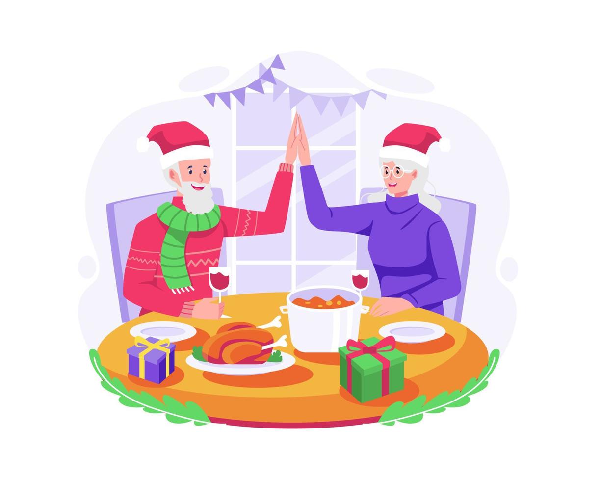 gelukkig oud paar aan het doen hoog vijf en vieren Kerstmis door hebben avondeten samen. vector illustratie in vlak stijl