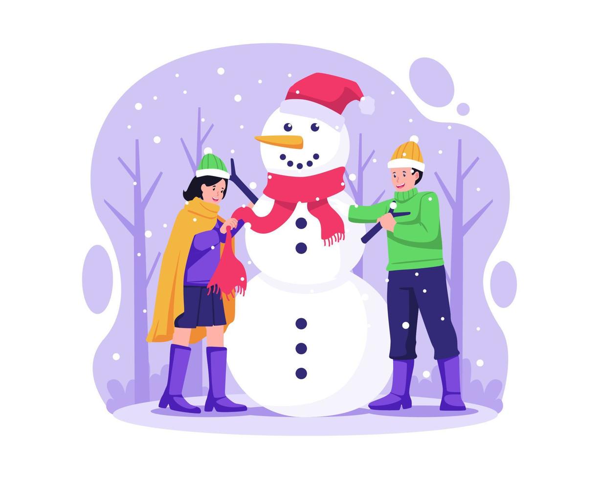 gelukkig jongen en meisje kinderen gebouw een sneeuwman samen in winter buitenshuis. kinderen maken een sneeuwman. vector illustratie in vlak stijl