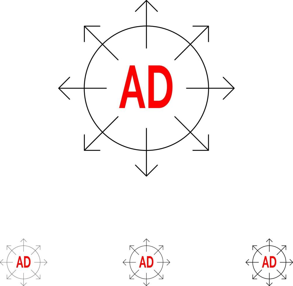 reclame inzending reclame inzending advertentie stoutmoedig en dun zwart lijn icoon reeks vector