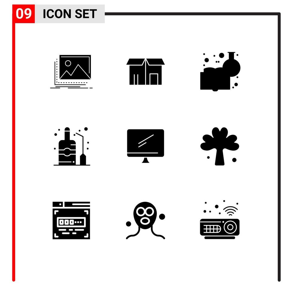 pak van 9 modern solide glyphs tekens en symbolen voor web afdrukken media zo net zo computer fles boodschappen doen alcohol aan het leren chemie bewerkbare vector ontwerp elementen