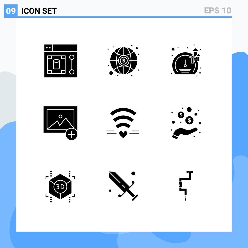 modern reeks van 9 solide glyphs pictogram van hart liefde software Wifi nieuw bewerkbare vector ontwerp elementen