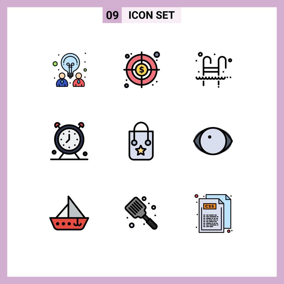 9 gevulde lijn vlak kleur concept voor websites mobiel en apps handtas tijd zwembad schema alarm bewerkbare vector ontwerp elementen