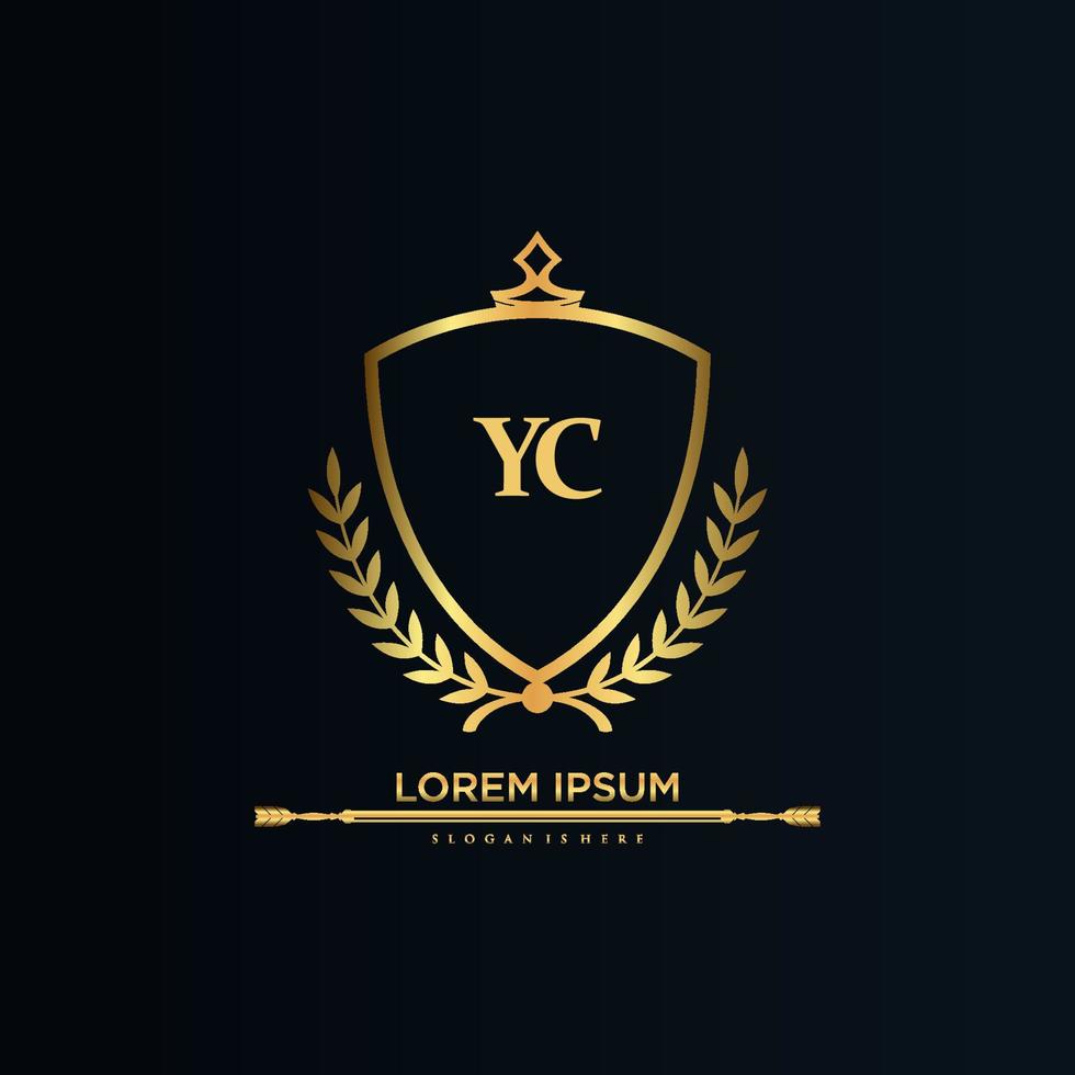 yc brief eerste met Koninklijk sjabloon.elegant met kroon logo vector, creatief belettering logo vector illustratie.