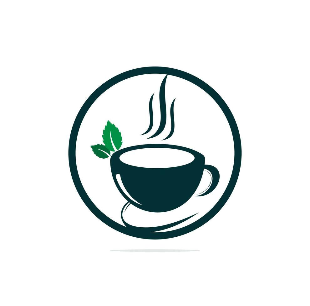 kruiden groen thee kop kaart punt vorm concept logo, kruiden drinken embleem, groen blad met mok logo, groen blad met thee kop logo concept.natuur drinken , Gezondheid drinken logo. vector