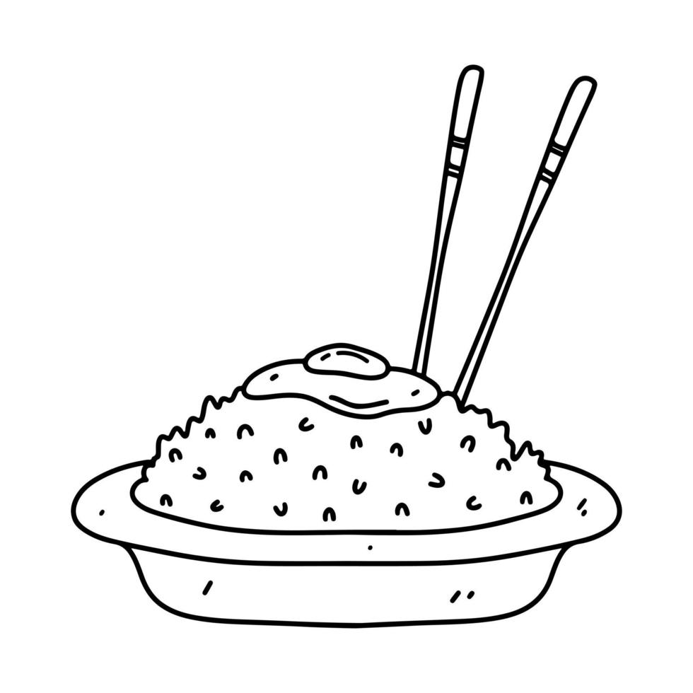 gebakken ei met rijst- in hand- getrokken tekening stijl. vector illustratie geïsoleerd Aan wit achtergrond.
