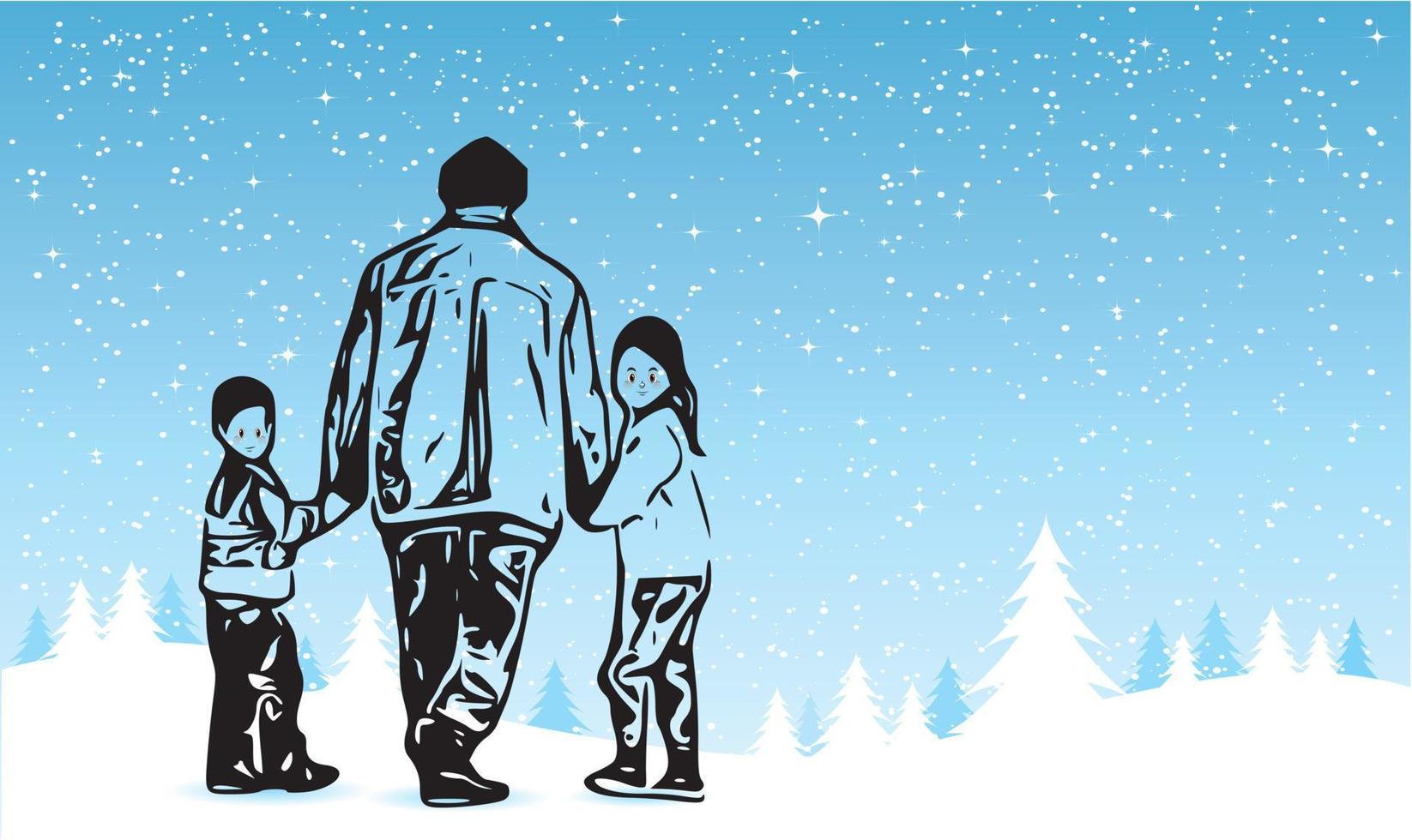illustratie van een vader Holding zijn handen strak en wandelen met kinderen op zoek achter hem Aan besneeuwd wegen in winter. vector