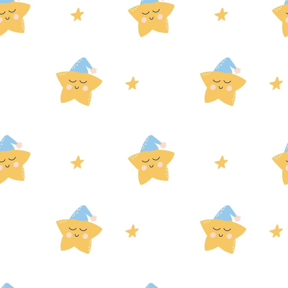 kinderachtig naadloos patroon met een schattig ster. patroon voor kinderen pyjama. behang met een ster in een slaapmutsje. vector illustratie. hand- getrokken illustratie in Scandinavisch stijl.