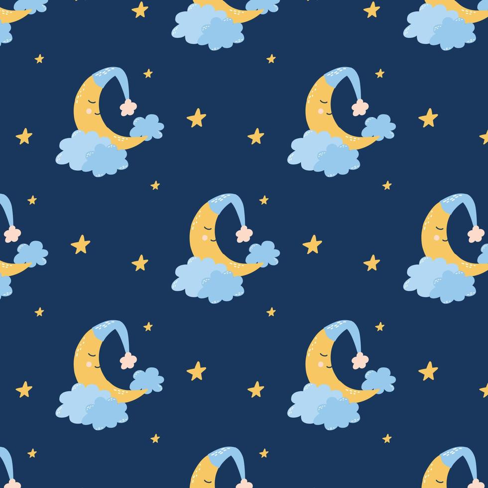 schattig kinderachtig naadloos patroon met maan, wolken en sterren. patroon voor kinderen pyjama. mooi zo nacht. vector illustratie hand- getrokken tekenfilm stijl.