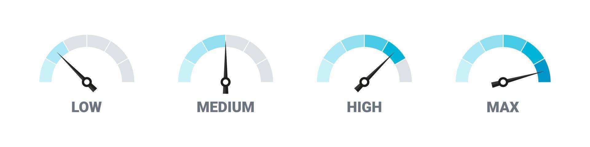 risico meter. tevredenheid meter. snelheidsmeter schaal. reeks van meters van laag naar hoog. vector illustratie