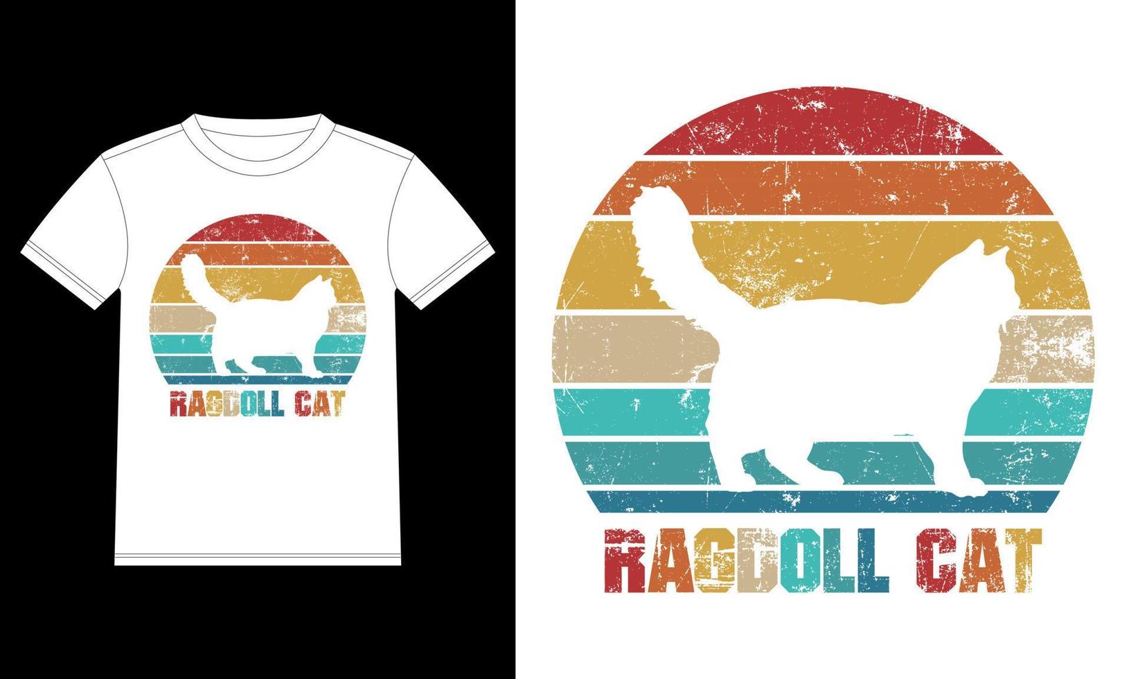 lappenpop kat retro wijnoogst zonsondergang t-shirt ontwerp sjabloon, lappenpop kat Aan bord, auto venster sticker, peul, omslag, geïsoleerd wit achtergrond, wit kat silhouet geschenk voor lappenpop kat minnaar vector