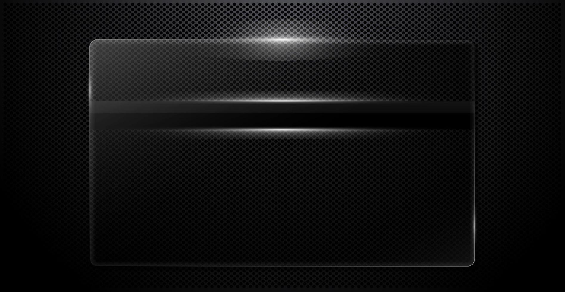 glas banier Aan een zwart gegolfd achtergrond. reflecties van licht langs de randen van een meetkundig vorm geven aan. realistisch transparant glas venster in een rechthoekig kader. vector