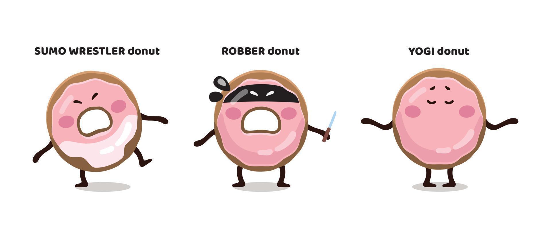 grappig vector vlak tekenfilm kinderen tekens stickers, mascottes, pictogrammen, emoji van roze geglazuurd donut - sumo worstelaar, rover, yoga instructeur
