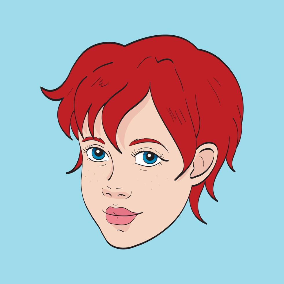 hand- getrokken vrouw mode portret. avatar van een jong vrouw, roodharige tiener meisje met kort kapsel. vector tekening illustratie. schetsen van meisjes hoofd