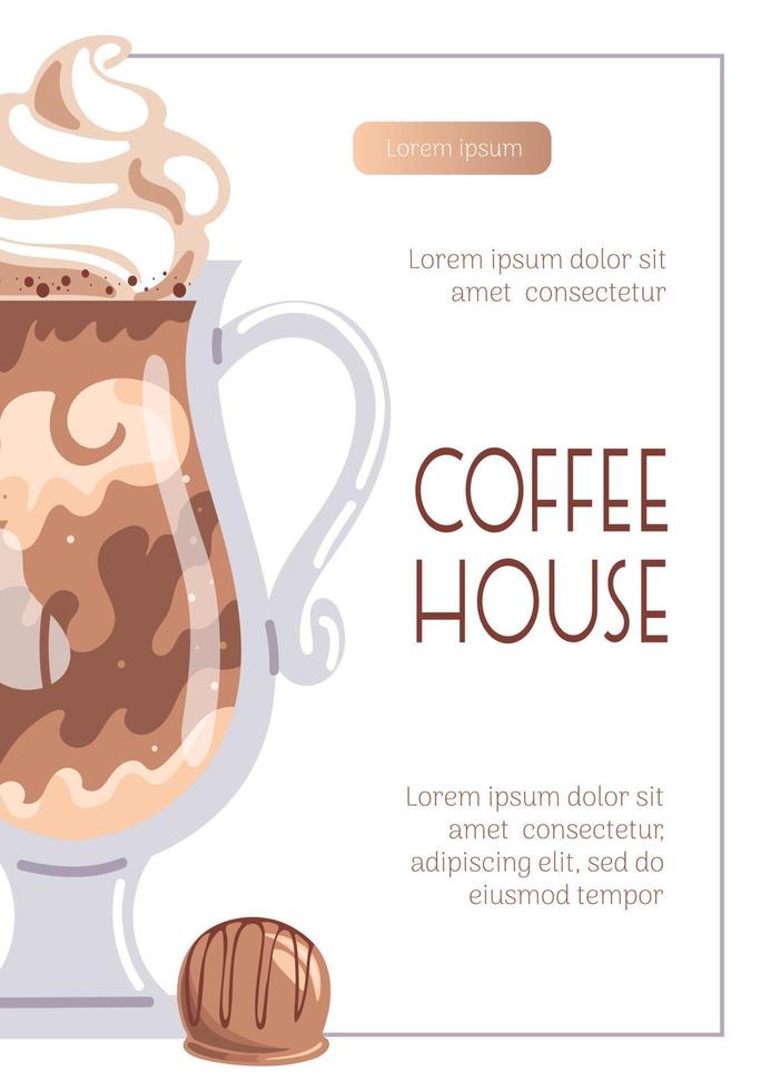 latte of heet chocola met geslagen room in een kristal glas. banier voor koffie winkel, cafe bar, barista. vector illustratie voor poster, banier, folder, reclame, publiciteit, promo, menu