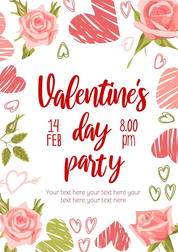 valentijnsdag dag, partij uitnodiging. harten en rozen. stoutmoedig modern illustratie met grunge texturen in schetsen stijl. voor reclame banier, poster, folder vector