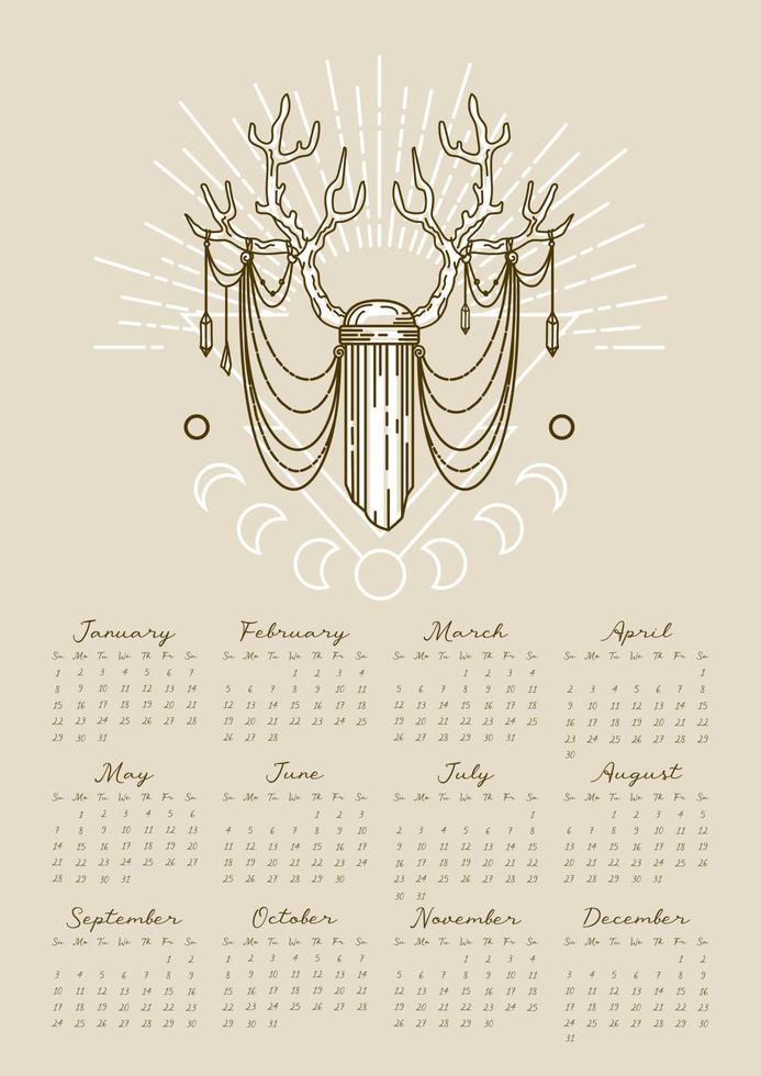 magie kalender 2023. hert gewei, kristal, zon stralen, maan fasen. wijnoogst illustratie in boho stijl. halloween, hekserij, astrologie, mystiek. 12 maanden van 2023 vector