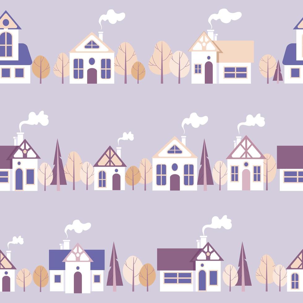 vector illustratie stad landschap schattig huizen herfst bomen. horizontaal straten in delicaat Purper lavendel pastel kleuren. voor kinderkamer, behang, het drukken Aan kleding stof, inpakken, achtergrond.