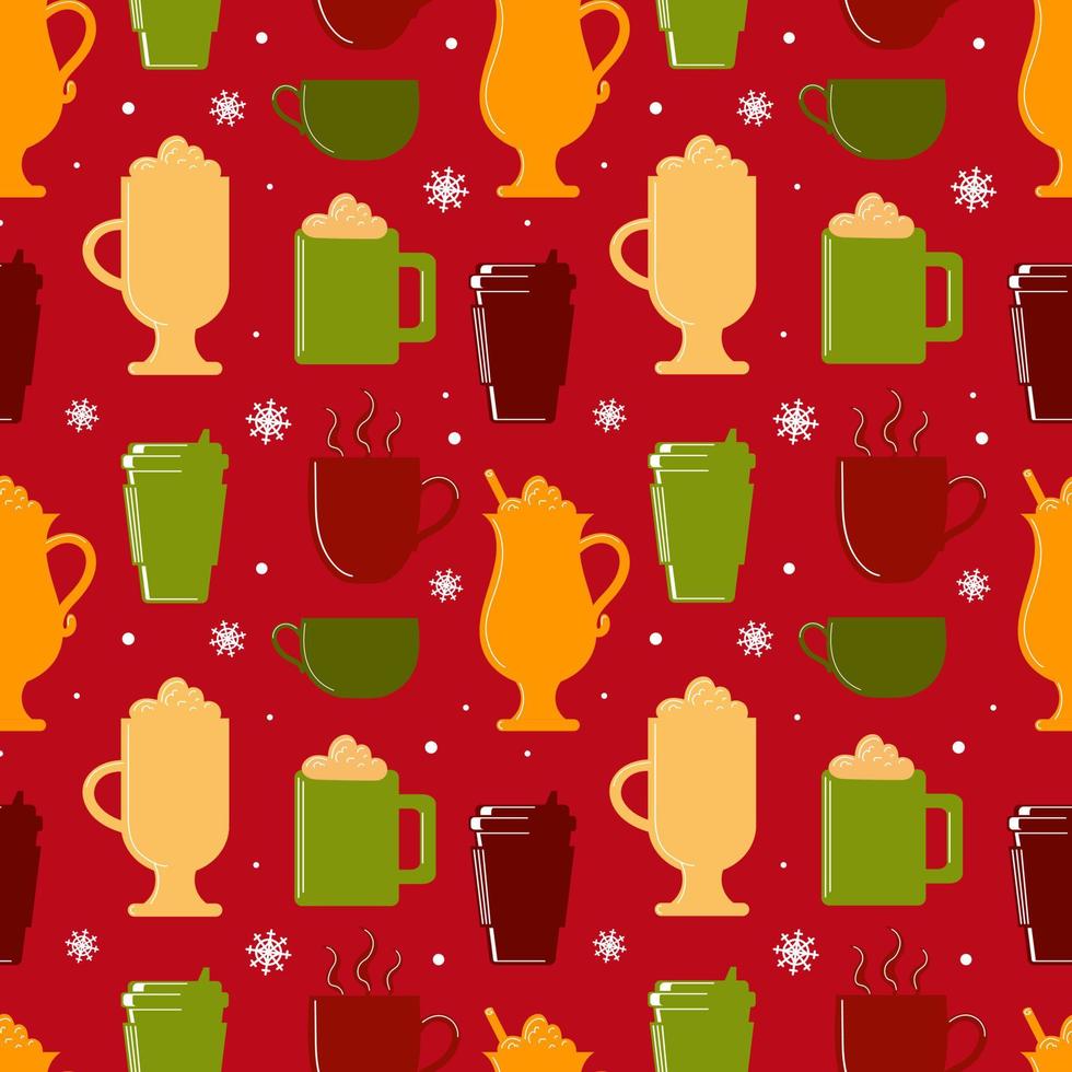 heet winter drankjes. naadloos patroon met silhouetten van koffie, cacao, cappuccino. wit sneeuwvlokken Aan een rood achtergrond. in feestelijk Kerstmis kleuren. voor behang, kleding stof, inpakken, achtergrond. vector