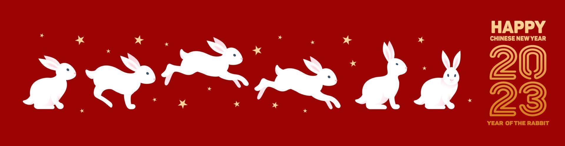 konijnen, gelukkig Chinese nieuw jaar 2023. helder vector banier met gouden patroon Aan rood achtergrond, sterrenhemel lucht. Aziatisch stijl. wijnoogst lettertype. voor poster, banier, folder, advertentie.