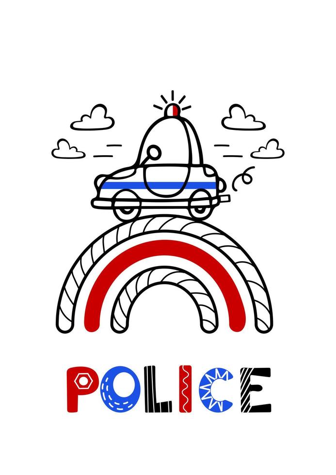 Politie auto is in een haast je naar helpen. schattig vector kinderen illustratie in Scandinavisch stijl. belettering. hand- getrokken stijl, rood blauw en zwart kleuren. voor affiches, ansichtkaarten, spandoeken, het drukken Aan kleding stof.