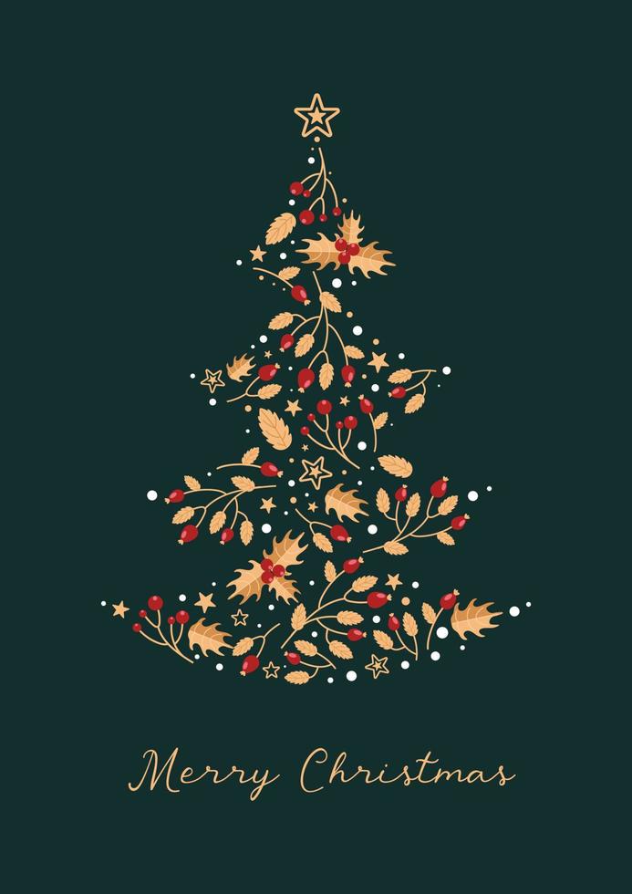 helder artistiek sjabloon vrolijk kerstmis. winter, Kerstmis boom, sterren, bessen, hulst. in feestelijk kleuren van goud, rood en groente. wijnoogst stijl. voor affiches, kaarten, spandoeken. vector