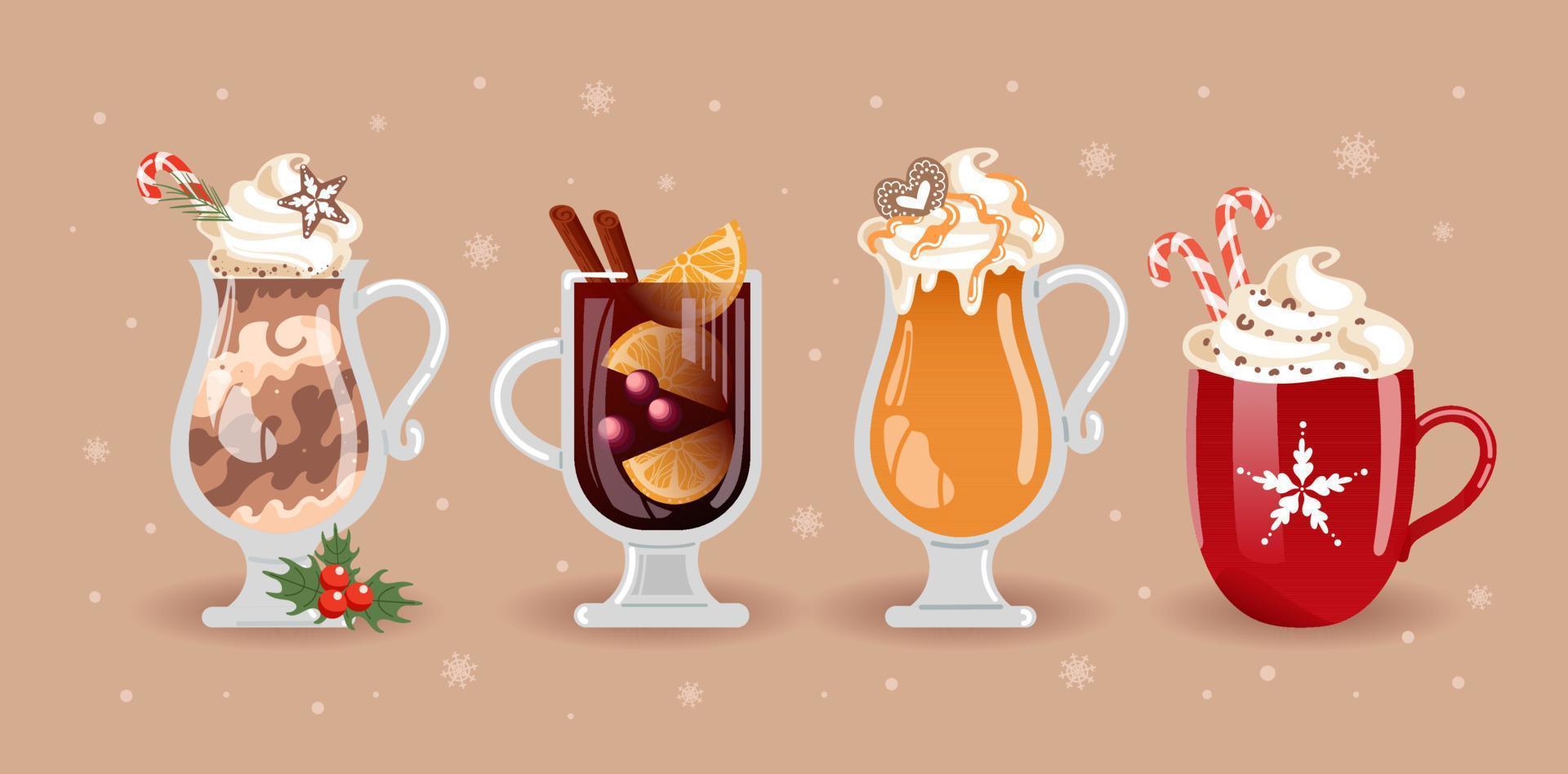 winter Kerstmis drankjes. chocola koffie, cacao en geslagen room. heet verrijkt appel cider met brandewijn en karamel. overwogen wijn. snoep riet. vector voedsel illustratie voor menu, cafe, ansichtkaart, sticker.
