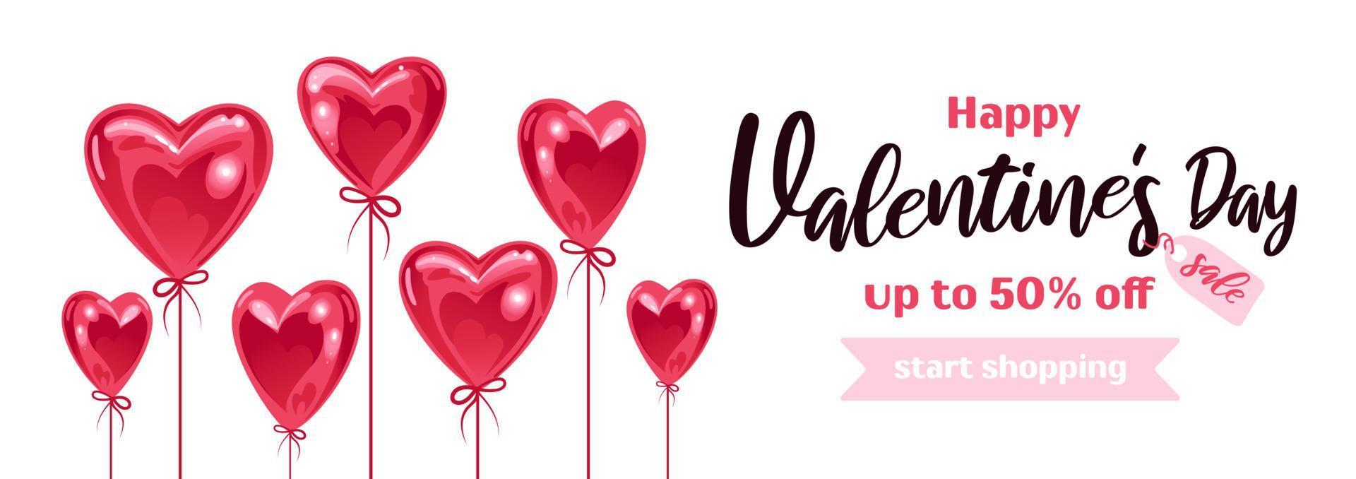 horizontaal banier voor valentijnsdag dag. glimmend realistisch ballonnen in de vorm van een hart. Aan wit achtergrond. voor reclame banier, website, uitverkoop folder vector