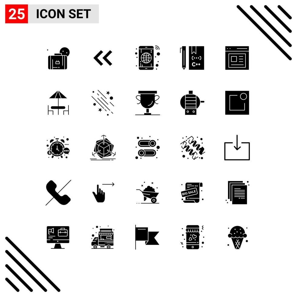 modern reeks van 25 solide glyphs pictogram van inhoud ontwikkeling wereldbol ontwikkelen code bewerkbare vector ontwerp elementen