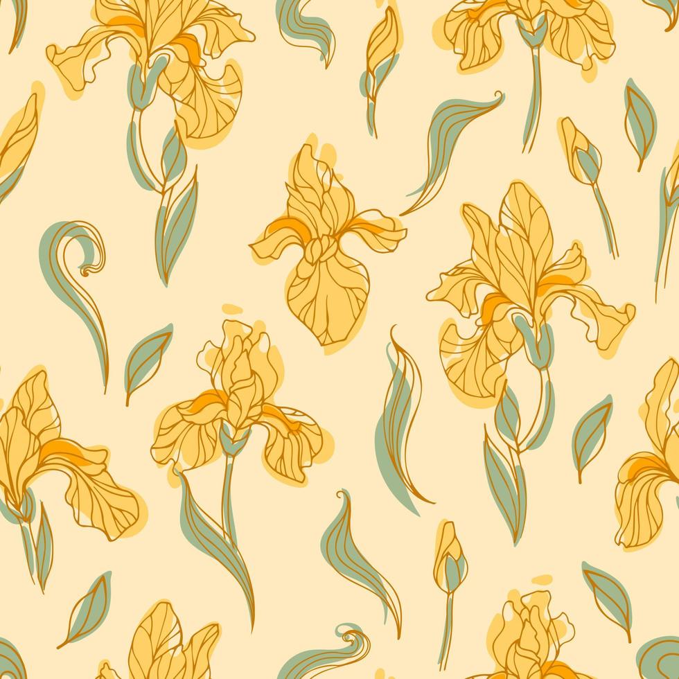 naadloos patroon van modern helder geel iris bloemen. botanisch warm hand- getrokken stijl vector illustratie voor kinderkamer, behang, kleding stof afdrukken, omhulsel