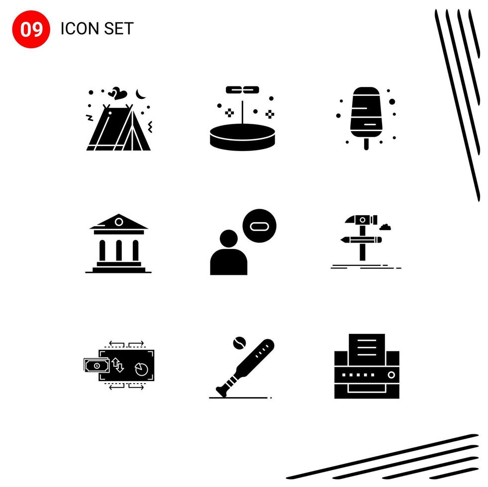 9 universeel solide glyph tekens symbolen van gebruiker mannetje room rechtbank bank bewerkbare vector ontwerp elementen