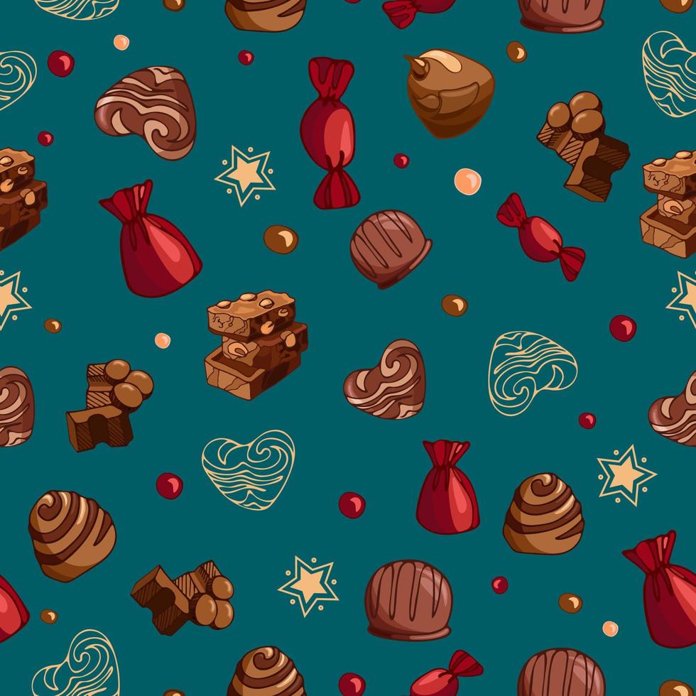 naadloos vector Kerstmis patroon van helder smakelijk stukken melk chocola met noten, snoepgoed, dragees. wereld chocola dag. toetje voedsel illustratie. verpakking, menu, kookboek, ansichtkaart, banier, poster.