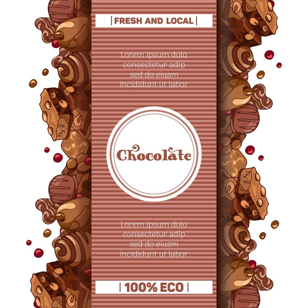 grafisch wijnoogst illustratie met melk chocola stukken, noten, snoepjes. verpakking sjabloon. wereld chocola dag. voor menu, label, Product verpakking vector
