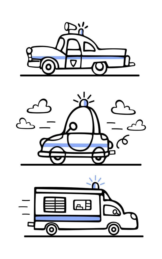 reeks van Politie auto's. vector tekening illustratie voor jongens in Scandinavisch stijl. de Politie sirene is jammeren. vervoer, auto's Gaan Aan de weg. voor affiches, kaarten, boeken, ontwerp elementen