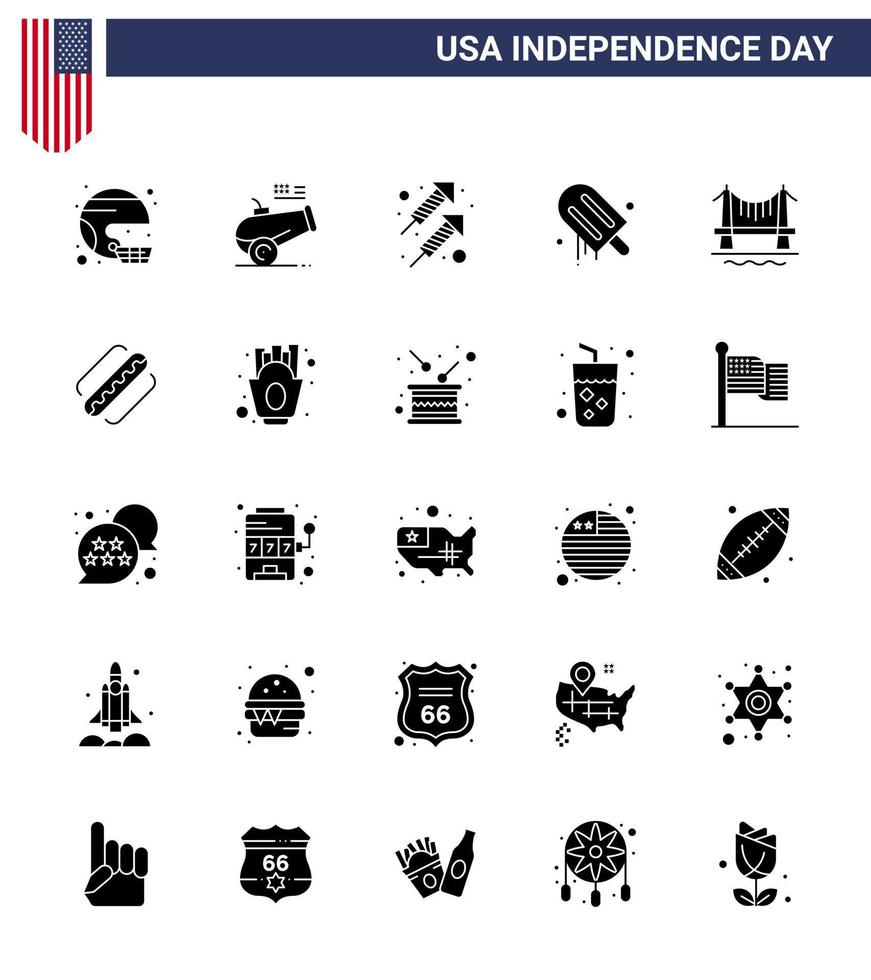 4e juli Verenigde Staten van Amerika gelukkig onafhankelijkheid dag icoon symbolen groep van 25 modern solide glyph van Verenigde Staten van Amerika room houwitser ijsje vuurwerk bewerkbare Verenigde Staten van Amerika dag vector ontwerp elementen